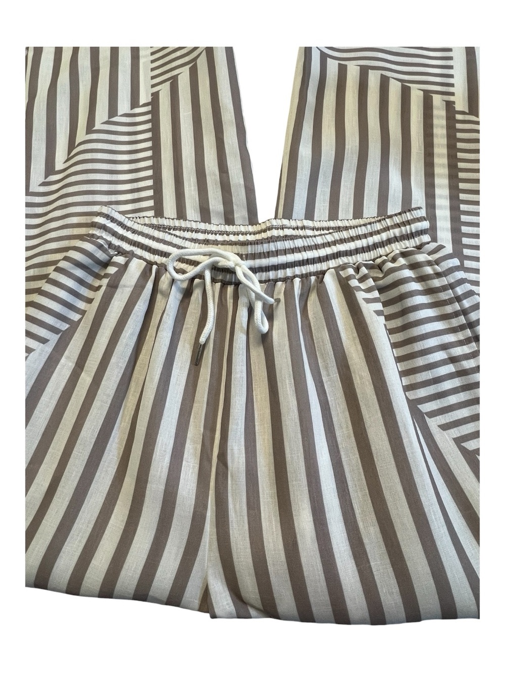 NWT Zaful Khaki White Striped Palazzo Pants Wide Leg Drawstring | Size 4 - Picture 4 of 14